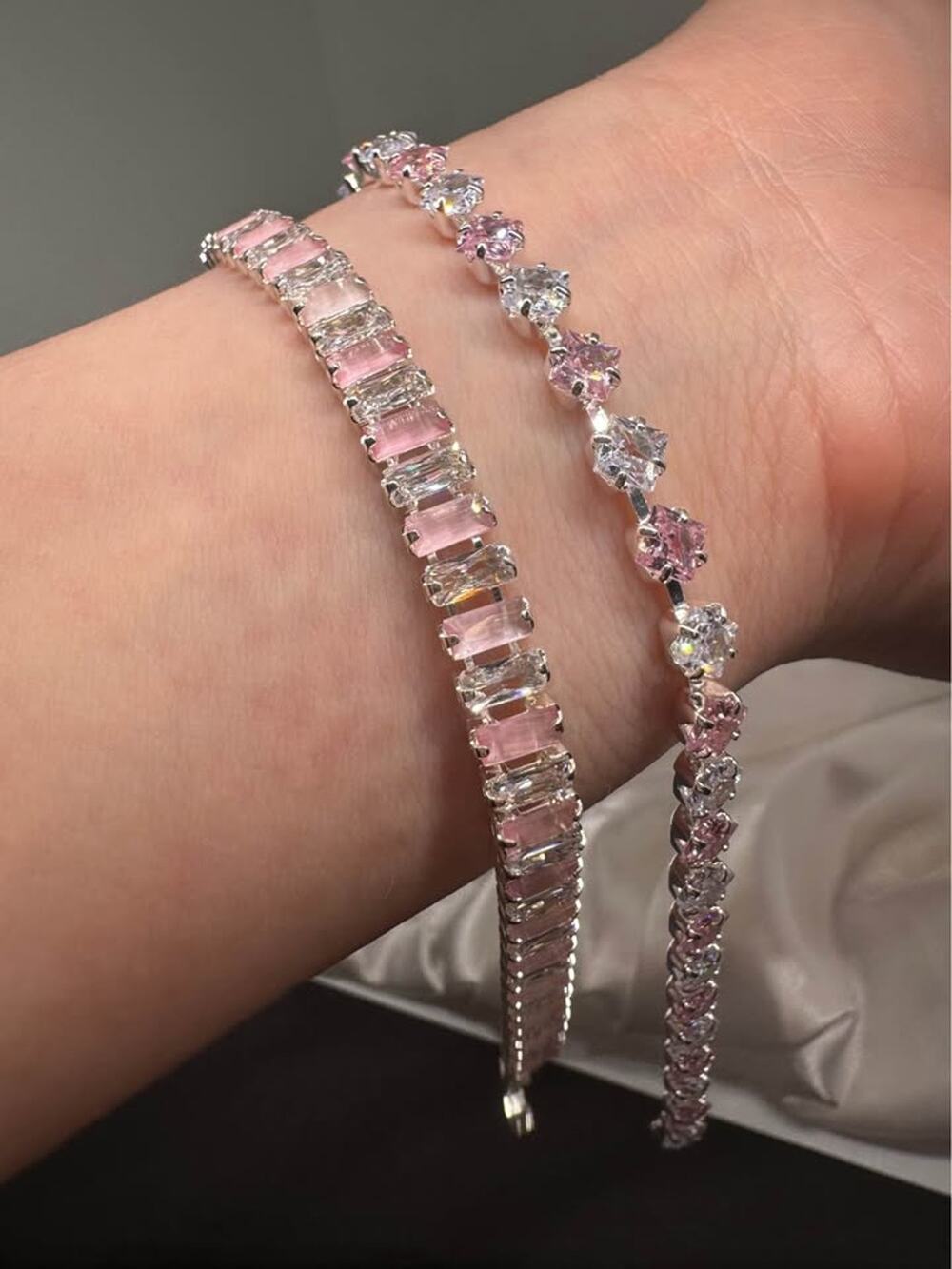 Tarnish Free 2pc Pink Bracelet Set – Baguette Cat-Eye & Diamond